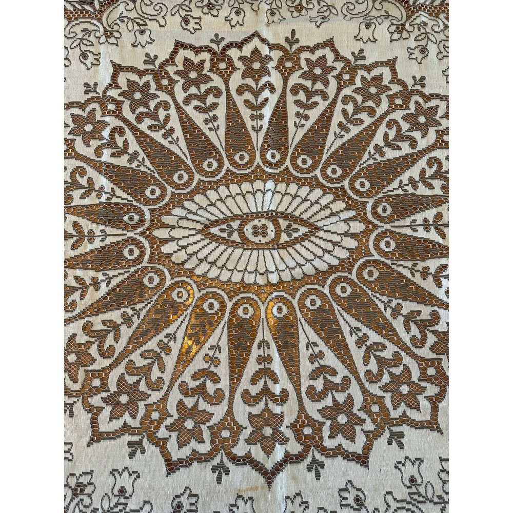 Vintage Lace Tablecloth Made in Great Britain Floral Medallion Cream Brown Rect - Picture 2 of 8